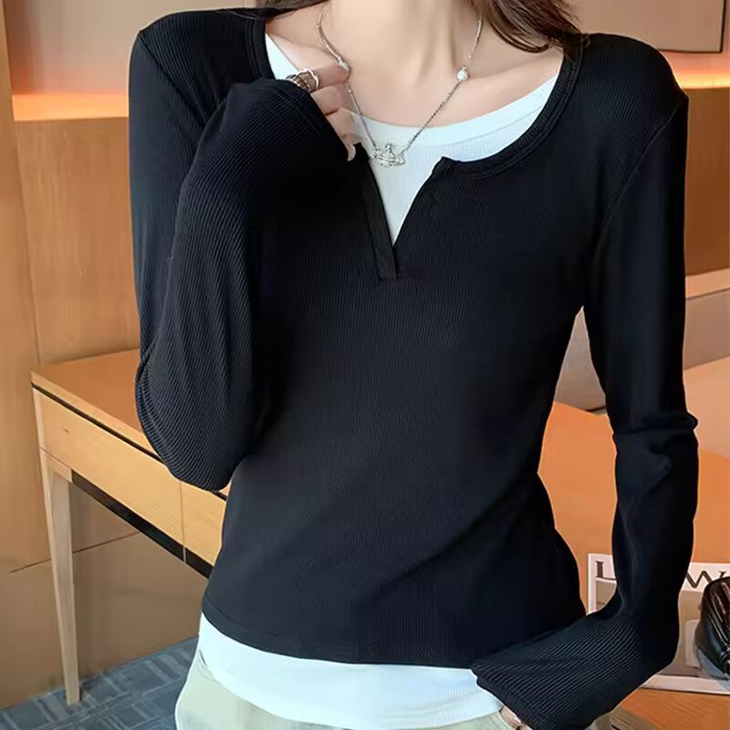 Fake Two Piece Patchwork Bottoming Shirts Women Autumn Fashion Contrasting Thermal Base Shirts Korean Streetwear Versatile Tops